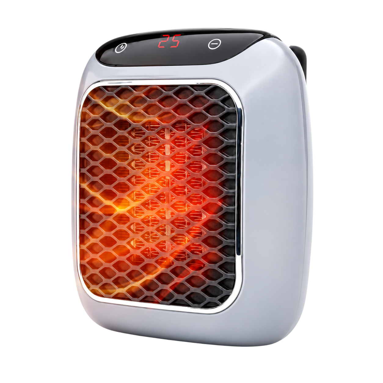 RapidHeat portable ceramic space heater plugged into a wall outlet with its heating element glowing